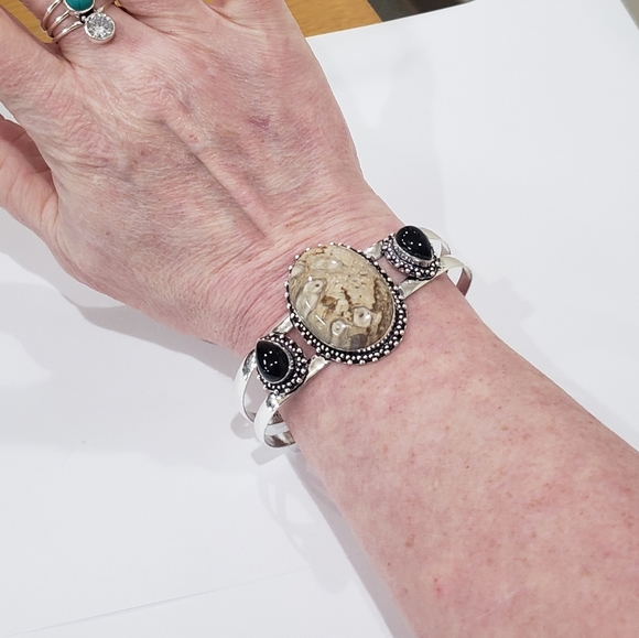 Chalcedony bracelet, 925 silver rock chalcedony black onyx adjustable bangle - Picture 13 of 15